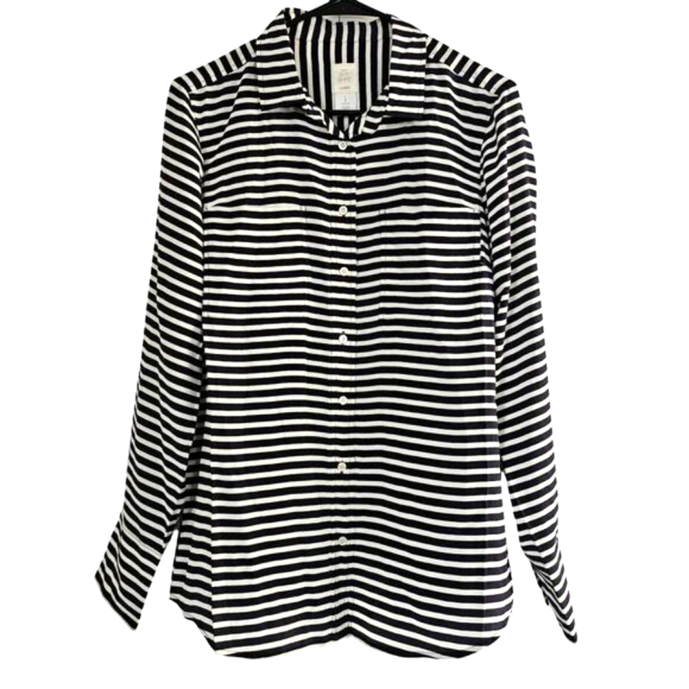 J. Crew Womens The Boy Shirt 8 100% Silk Navy Cream Stripe Pockets Button Blouse